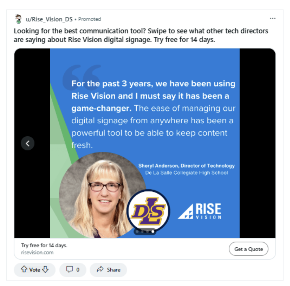 Rise Vision carousel testimonial ad on Reddit.
