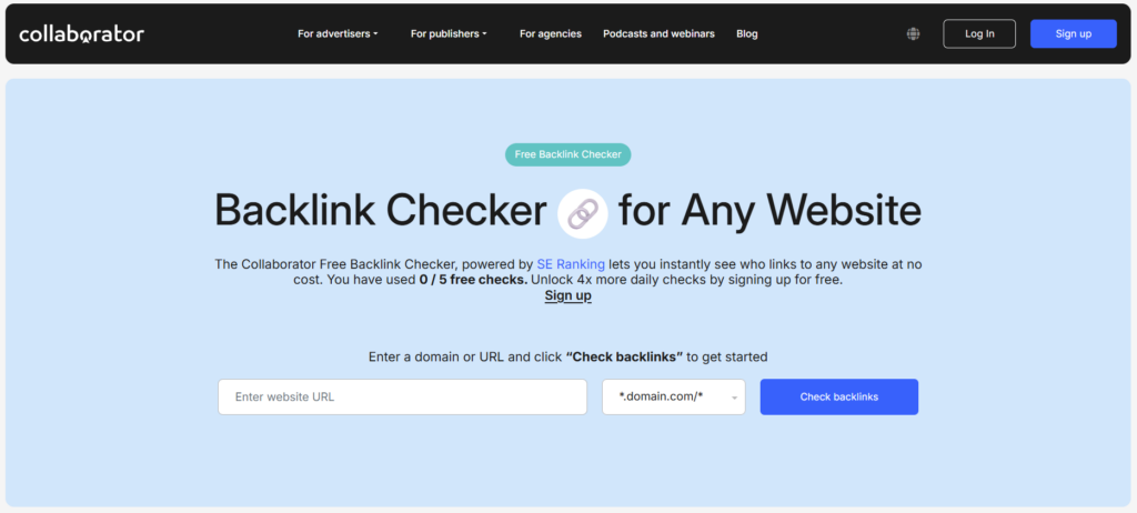 Collaborator Free Backlink Checker homepage with website URL input field